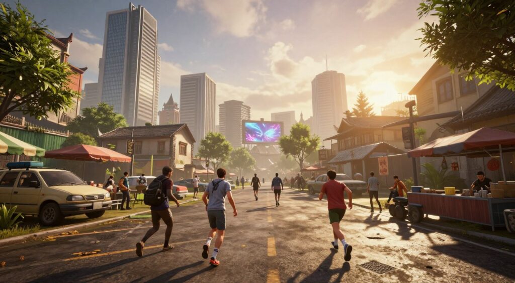 A dynamic scene set in an expansive open world, showcasing a vibrant, bustling urban environment from the video game FC 27. In the foreground, an immersive view of diverse players engaging with the environment, dressed in modern athletic outfits, exploring, running, and interacting with elements like vehicles and street vendors. The middle ground features a variety of architectural styles, combining sleek modern skyscrapers with traditional buildings, accented by lush greenery and digital billboards. The background reveals a sunset sky, casting warm golden hues and dynamic shadows, suggesting a lively atmosphere filled with excitement. Use soft, natural lighting to enhance the realism and invite the viewer into this dynamic gameplay experience, emphasizing the freedom and exploration aspects of the new open world system.