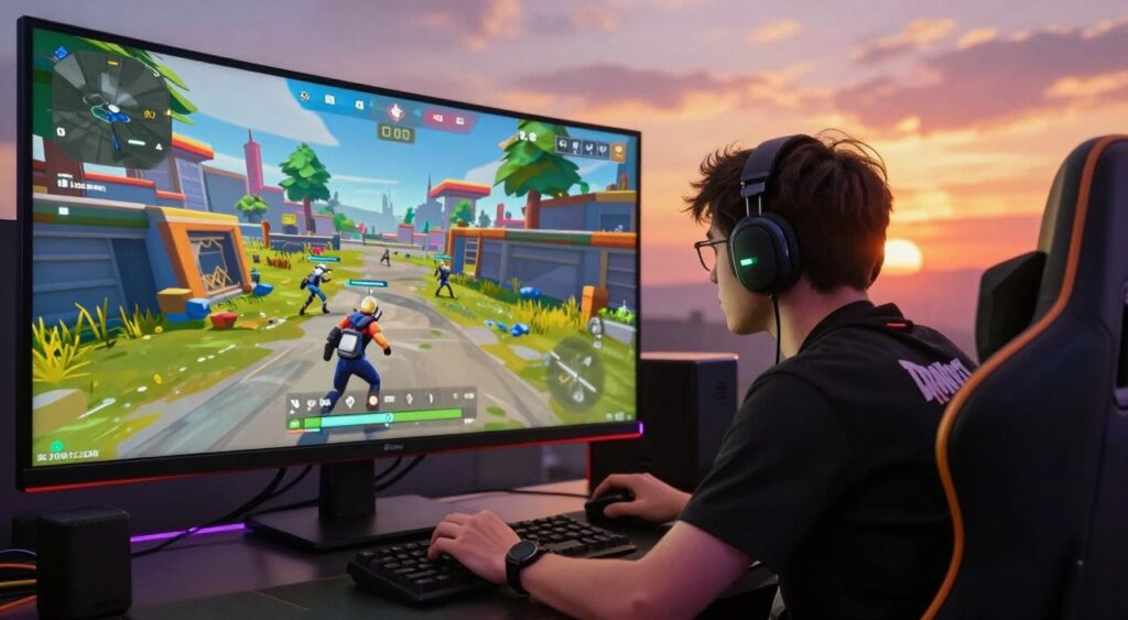 A dynamic scene showcasing a Fortnite player in an intense battle setting, emphasizing the concept of optimal sensitivity settings. In the foreground, the player, dressed in professional gaming attire, focuses intently on the screen, with a high-tech gaming chair and equipment visible. In the middle, a vibrant, colorful landscape of a Fortnite map unfolds, featuring structures, trees, and a thrilling battle between players. The background displays a dramatic sunset, casting warm, inviting light across the scene, enhancing the sense of urgency and excitement. The composition utilizes a slightly low-angle perspective to highlight the player’s concentration and skill while maintaining clarity in the action-packed environment. The overall atmosphere is energized and competitive, perfect for illustrating strategic gameplay.