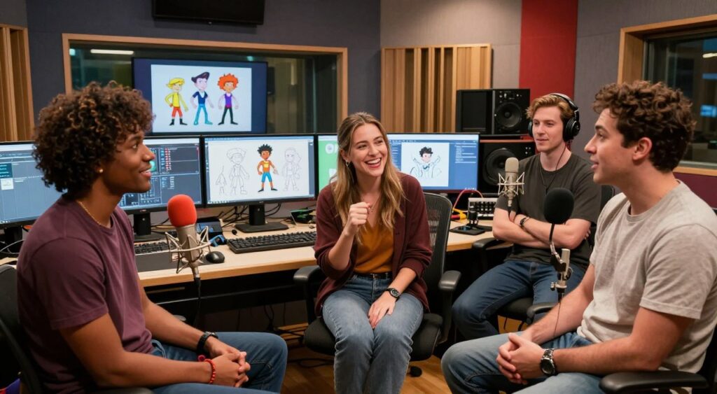 A dynamic scene showcasing a group of voice actors gathered in a modern recording studio, reflecting the essence of the new "Smallville" animation. In the foreground, three diverse voice actors enthusiastically discuss their character roles, dressed in stylish casual attire. The middle layer features sound equipment, colorful microphones, and animated character sketches from the series displayed on screens, adding a creative touch. The background highlights the vibrant studio atmosphere, with soundproofed walls and warm lighting casting a soft glow, accentuating the excitement of the moment. Capture a lively, collaborative mood as they prepare for a recording session, emphasizing the blend of nostalgia and fresh perspectives in this beloved series revival. A dynamic scene showcasing a group of voice actors gathered in a modern recording studio, reflecting the essence of the new "Smallville" animation. In the foreground, three diverse voice actors enthusiastically discuss their character roles, dressed in stylish casual attire. The middle layer features sound equipment, colorful microphones, and animated character sketches from the series displayed on screens, adding a creative touch. The background highlights the vibrant studio atmosphere, with soundproofed walls and warm lighting casting a soft glow, accentuating the excitement of the moment. Capture a lively, collaborative mood as they prepare for a recording session, emphasizing the blend of nostalgia and fresh perspectives in this beloved series revival.