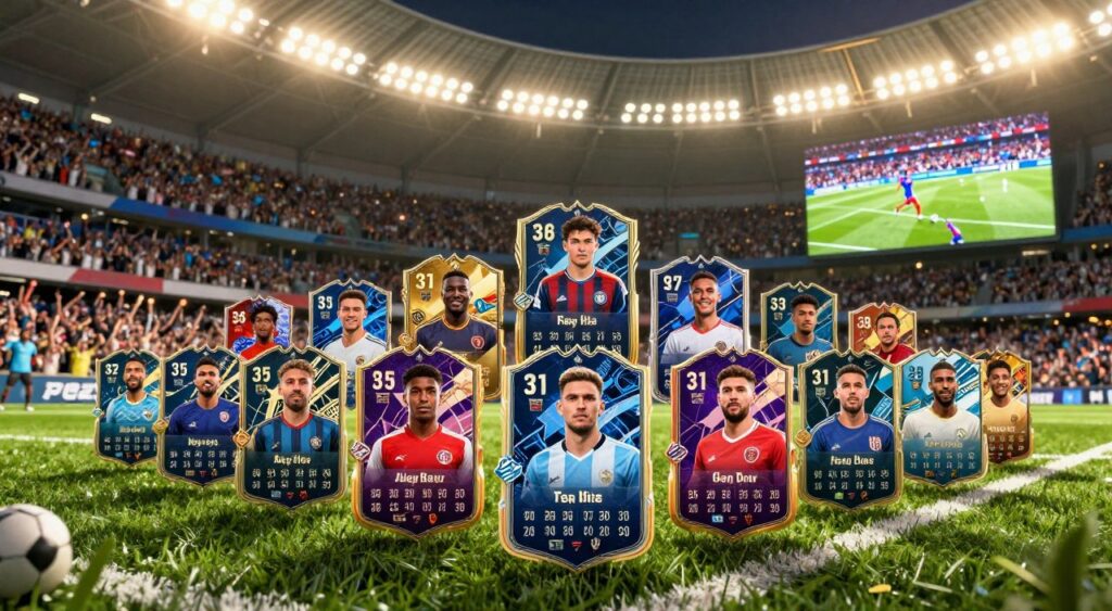 A dynamic scene showcasing an array of vibrant player cards from EA FC 27 Ultimate Team, featuring diverse footballers in striking poses. In the foreground, several iconic player cards, each adorned with unique graphics highlighting their special ratings and attributes, are laid out on a football pitch. The middle ground presents an engaging backdrop of an electrifying stadium filled with cheering fans, under bright stadium lights casting a warm glow. In the background, an action shot of a football match is unfolding, emphasizing the atmosphere of competition and excitement. The overall mood is energetic and competitive, capturing the essence of Ultimate Team gameplay. The lighting is dramatic, enhancing the colors and details of the player cards, shot from a low angle to create a sense of immersion and excitement. A dynamic scene showcasing an array of vibrant player cards from EA FC 27 Ultimate Team, featuring diverse footballers in striking poses. In the foreground, several iconic player cards, each adorned with unique graphics highlighting their special ratings and attributes, are laid out on a football pitch. The middle ground presents an engaging backdrop of an electrifying stadium filled with cheering fans, under bright stadium lights casting a warm glow. In the background, an action shot of a football match is unfolding, emphasizing the atmosphere of competition and excitement. The overall mood is energetic and competitive, capturing the essence of Ultimate Team gameplay. The lighting is dramatic, enhancing the colors and details of the player cards, shot from a low angle to create a sense of immersion and excitement.
