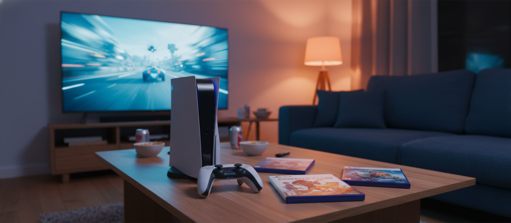 A dynamic scene showcasing several PS5 exclusive games in an inviting living room setup. In the foreground, a sleek black PS5 console is prominently displayed with a DualSense controller resting beside it. Scattered on the table are game cases featuring vibrant artwork of acclaimed titles like "Demon's Souls" and "Ratchet & Clank: Rift Apart." In the middle ground, a comfortable sofa upholstered in dark blue complements the techy ambiance, while a large LED screen on the wall displays an action-packed game scene, illuminating the room with a soft blue glow. In the background, warm ambient lighting creates a cozy atmosphere, enhancing the excitement of gaming. The overall mood is energetic and inviting, perfect for gaming enthusiasts.