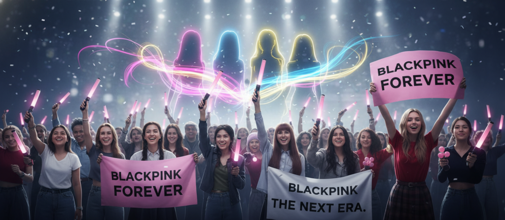 A dynamic scene showcasing the anticipation surrounding BLACKPINK's future as a group. In the foreground, a diverse group of fans, dressed in stylish yet casual clothing, holds vibrant light sticks and banners, their expressions filled with excitement and hope. In the middle, an ethereal representation of the four members of BLACKPINK is depicted as silhouettes, surrounded by colorful, swirling lights that symbolize their music and unity. The background features a blurred stage set, shimmering with soft spotlights and confetti, creating a festive atmosphere. The overall mood is enthusiastic and hopeful, evoking strong emotions of nostalgia and anticipation. The lighting is bright and vibrant, with a focus on the fans and silhouettes, captured from a slight upward angle to emphasize excitement.