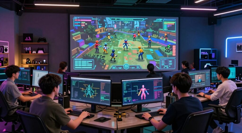 A futuristic game development studio showcasing intelligent NPC behaviors. In the foreground, a diverse group of game developers, dressed in smart casual attire, are analyzing data on dual monitors, depicting character animations and decision-making algorithms. The middle layer features a holographic display of an intricate game world with various NPCs interacting seamlessly, visibly using AI-driven movements. In the background, shelves filled with gaming memorabilia and high-tech equipment create an immersive atmosphere. Soft, dynamic lighting from overhead LEDs casts colorful reflections, enhancing the mood of innovation and creativity. The scene portrays a sense of collaboration and forward-thinking in the world of game AI. A futuristic game development studio showcasing intelligent NPC behaviors. In the foreground, a diverse group of game developers, dressed in smart casual attire, are analyzing data on dual monitors, depicting character animations and decision-making algorithms. The middle layer features a holographic display of an intricate game world with various NPCs interacting seamlessly, visibly using AI-driven movements. In the background, shelves filled with gaming memorabilia and high-tech equipment create an immersive atmosphere. Soft, dynamic lighting from overhead LEDs casts colorful reflections, enhancing the mood of innovation and creativity. The scene portrays a sense of collaboration and forward-thinking in the world of game AI.