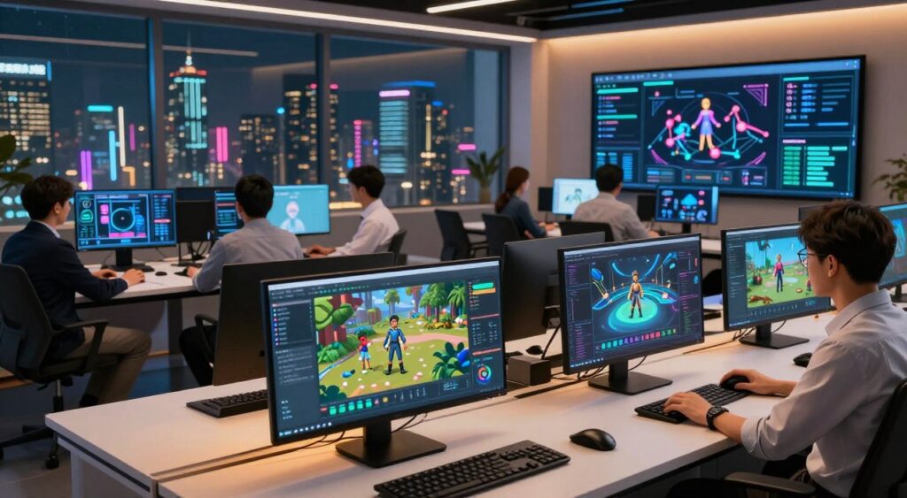 A futuristic gaming studio workspace, where artificial intelligence is seamlessly integrated into game development. In the foreground, a sleek workstation features multiple screens showcasing AI-driven game design software, with 3D game characters being generated in real-time. In the middle ground, developers, dressed in professional business attire, are collaborating around a digital table, analyzing data visualizations that represent player interactions and AI behavior. The background reveals large windows with a skyline view of a tech-savvy city illuminated by neon lights, signifying innovation and progress. The lighting is bright and modern, with warm tones from the screens contrasted against cool ambient light, creating an inspiring atmosphere of creativity and futuristic technology. A futuristic gaming studio workspace, where artificial intelligence is seamlessly integrated into game development. In the foreground, a sleek workstation features multiple screens showcasing AI-driven game design software, with 3D game characters being generated in real-time. In the middle ground, developers, dressed in professional business attire, are collaborating around a digital table, analyzing data visualizations that represent player interactions and AI behavior. The background reveals large windows with a skyline view of a tech-savvy city illuminated by neon lights, signifying innovation and progress. The lighting is bright and modern, with warm tones from the screens contrasted against cool ambient light, creating an inspiring atmosphere of creativity and futuristic technology.