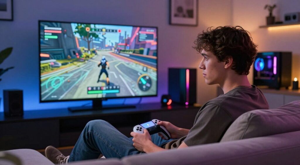 A futuristic living room with a gamer sitting on a stylish couch, fully immersed in cloud gaming on a sleek large screen. The gamer, dressed in casual yet trendy clothing, shows a look of frustration due to lag, with a slight grimace on their face. In the foreground, a gaming controller rests on their lap, with a digital display showing buffering symbols. The middle ground features the glowing screen displaying vibrant graphics of an online game paused mid-action. The background offers a modern technology setup, including a gaming PC with RGB lighting and a cozy ambiance created by warm light fixtures. The atmosphere conveys a mix of excitement and tension, highlighting the impact of latency on gameplay.
