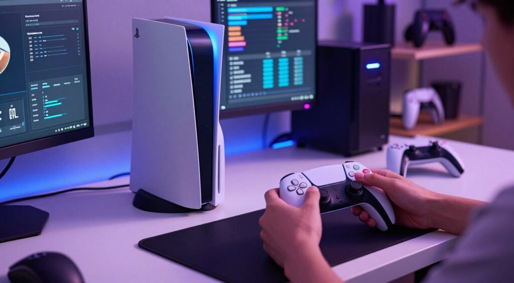 A high-tech gaming setup featuring a PlayStation 5 prominently displayed on a sleek, modern desk. In the foreground, a pair of hands adjusting settings on the PS5 controller, with vibrant LED lights reflecting on the surfaces. The middle ground showcases a computer screen displaying performance metrics and optimization tips. The background is softly blurred, hinting at organized shelves filled with gaming accessories and devices. The room is illuminated with dynamic, colorful lighting to create an energetic atmosphere, while the overall mood suggests focus and determination. The scene is captured from a slightly elevated angle, emphasizing the workspace's sophistication and the optimization process.