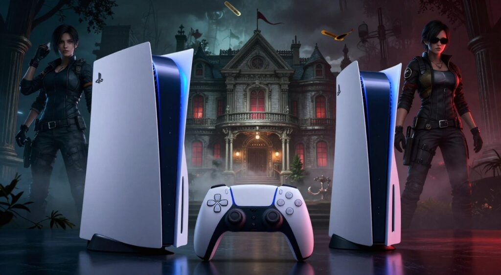 A highly detailed scene capturing a vibrant and immersive environment inspired by "Resident Evil Code Veronica," optimized for the PS5 with RE Engine technology. In the foreground, showcase a sleek PS5 console illuminated with dynamic LED lights, reflecting a sense of powerful gaming technology. The middle layer should include an eerie recreation of a well-known location from Code Veronica, such as the Spencer Mansion, complete with atmospheric fog and intricate architectural details. In the background, add shadowy silhouettes of iconic characters like Claire Redfield and Chris Redfield strategically positioned, dressed in modern tactical attire. The lighting should be moody and cinematic, casting dramatic shadows that enhance the suspenseful atmosphere. Use a slightly low angle to create a sense of grandeur, emphasizing both the console and the game’s setting, inviting excitement and nostalgia.