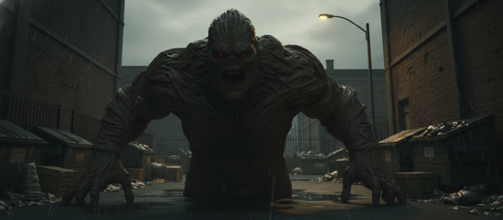 A menacing interpretation of Clayface as envisioned in a horror context, showcasing a dark, textured figure with shifting, clay-like surfaces reflecting a sinister demeanor. In the foreground, Clayface looms ominously, his features subtly morphing, hinting at transformation. The middle ground reveals a dimly lit urban alley, littered with debris, enhancing the sense of dread. The background features crumbling brick walls shadowed by an overcast sky, with the faint glow of a flickering streetlight casting eerie shadows. Use dramatic, low-angle lighting to create a sense of intimidation and suspense, while maintaining a moody atmosphere that emphasizes the horror genre, evoking a chilling anticipation of the character's presence.