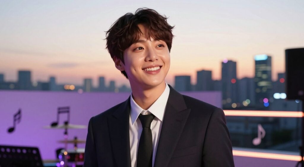 A portrait of Jin from BTS in 2026, showcasing a moment of reflection. He stands confidently in a professional business suit, with his signature hairstyle slightly tousled, exuding charisma. The foreground features Jin with a warm, friendly smile, his eyes sparkling with enthusiasm. In the middle, there are subtle hints of a vibrant K-Pop music studio, with musical notes and instruments slightly blurred to add depth. The background captures a bright city skyline at sunset, with colorful lights beginning to glow, indicating a bustling metropolitan vibe. Use soft, warm lighting to create an inviting atmosphere, shot from a slightly low angle to emphasize his stature and presence. The overall mood is inspirational and hopeful, reflecting the evolving K-Pop landscape in 2026. A portrait of Jin from BTS in 2026, showcasing a moment of reflection. He stands confidently in a professional business suit, with his signature hairstyle slightly tousled, exuding charisma. The foreground features Jin with a warm, friendly smile, his eyes sparkling with enthusiasm. In the middle, there are subtle hints of a vibrant K-Pop music studio, with musical notes and instruments slightly blurred to add depth. The background captures a bright city skyline at sunset, with colorful lights beginning to glow, indicating a bustling metropolitan vibe. Use soft, warm lighting to create an inviting atmosphere, shot from a slightly low angle to emphasize his stature and presence. The overall mood is inspirational and hopeful, reflecting the evolving K-Pop landscape in 2026.