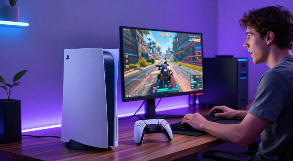 A sleek and modern gaming setup featuring a PS5 console prominently displayed in the foreground, on a stylish wooden desk. The console is glowing subtly, emphasizing its advanced technology. In the middle ground, a high-resolution monitor showcases an action-packed gaming scene with vibrant graphics, illustrating high FPS performance. The background includes ambient LED lights in soft blue and purple hues, creating a calming atmosphere. A gamer in modest casual clothing is seated, focused on the screen, with an intense expression that reflects excitement and concentration. The scene is well-lit, with a focus on the console and monitor, creating a dynamic and immersive environment that showcases performance optimization.