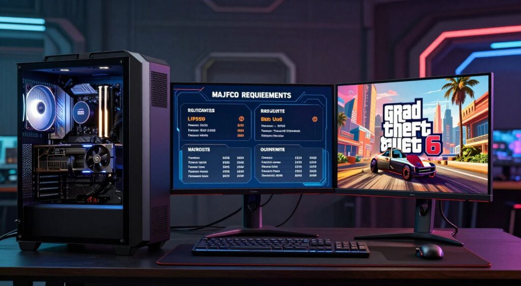 A sleek, futuristic gaming PC setup dominating the foreground, showcasing high-end components like a powerful graphics card with glowing lights, sleek cooling systems, and a vibrant gaming monitor displaying stunning visuals from GTA 6. In the middle, an engaging infographic layout presents key graphical requirements like resolution settings, frame rates, and recommended hardware specifications, all impeccably designed with a modern aesthetic. The background features a high-tech gaming environment, with dim ambient lighting and intricate details that hint at a virtual cityscape resembling GTA 6's ambitious world. The overall mood conveys excitement and anticipation, with a touch of professionalism that appeals to gamers and tech enthusiasts alike, spotlighting the evolving capabilities of modern gaming hardware.