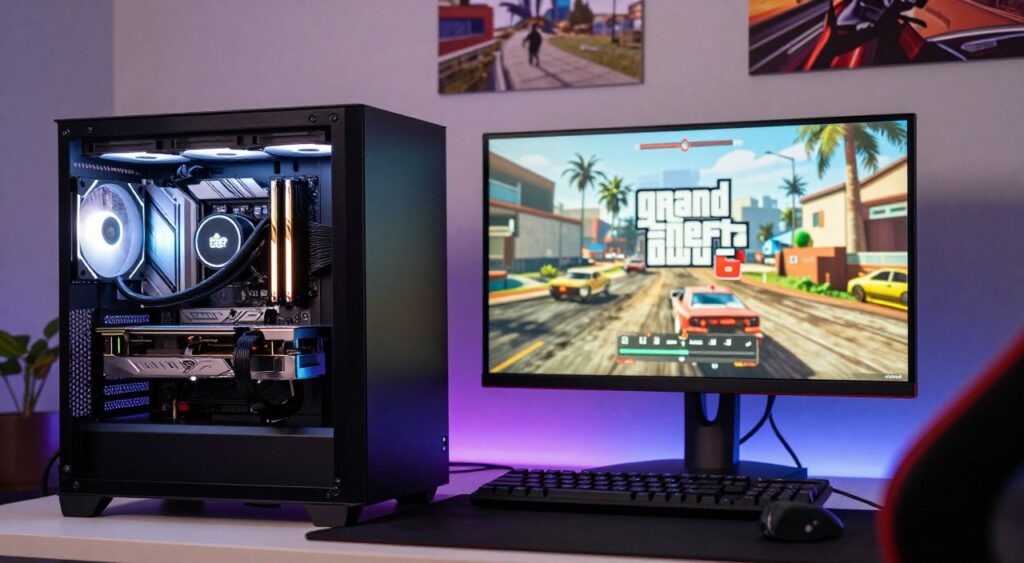 A sleek, modern computer setup showcasing the ideal hardware for running Grand Theft Auto 6, prominently featuring a powerful processor and high-performance graphics card. In the foreground, a well-lit desktop PC case displays LED lights illuminating the internal components, demonstrating advanced cooling systems and hardware specifications. In the middle ground, a stylish gaming monitor displays a snippet of stunning game graphics, immersing viewers in the visual experience of GTA 6. The background features a minimalist gaming room with ambient lighting, and posters of gaming landscapes, enhancing the atmosphere of excitement and technological advancement. Use soft, focused lighting to create a vibrant and inviting environment, with a slight depth of field to emphasize the PC components and monitor. A sleek, modern computer setup showcasing the ideal hardware for running Grand Theft Auto 6, prominently featuring a powerful processor and high-performance graphics card. In the foreground, a well-lit desktop PC case displays LED lights illuminating the internal components, demonstrating advanced cooling systems and hardware specifications. In the middle ground, a stylish gaming monitor displays a snippet of stunning game graphics, immersing viewers in the visual experience of GTA 6. The background features a minimalist gaming room with ambient lighting, and posters of gaming landscapes, enhancing the atmosphere of excitement and technological advancement. Use soft, focused lighting to create a vibrant and inviting environment, with a slight depth of field to emphasize the PC components and monitor.