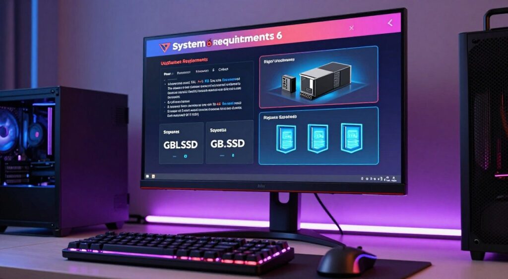 A sleek, modern gaming setup featuring a high-end gaming monitor displaying the updated system requirements for GTA 6 on PC, focusing on storage specifications. In the foreground, a well-organized desk with a mechanical keyboard and gaming mouse reflects the excitement for the upcoming game. The middle layer showcases the monitor clearly, with highlighted sections of GB space needed on an SSD, illustrated visually through dynamic graphics of digital storage icons. The background includes softly lit ambient LED lights that add a futuristic atmosphere, hinting at a gaming environment. The scene is captured in a slightly low angle with a shallow depth of field, emphasizing the monitor while keeping the surroundings softly blurred. The overall mood is vibrant and tech-savvy, inviting viewers to contemplate their gaming setup. A sleek, modern gaming setup featuring a high-end gaming monitor displaying the updated system requirements for GTA 6 on PC, focusing on storage specifications. In the foreground, a well-organized desk with a mechanical keyboard and gaming mouse reflects the excitement for the upcoming game. The middle layer showcases the monitor clearly, with highlighted sections of GB space needed on an SSD, illustrated visually through dynamic graphics of digital storage icons. The background includes softly lit ambient LED lights that add a futuristic atmosphere, hinting at a gaming environment. The scene is captured in a slightly low angle with a shallow depth of field, emphasizing the monitor while keeping the surroundings softly blurred. The overall mood is vibrant and tech-savvy, inviting viewers to contemplate their gaming setup.