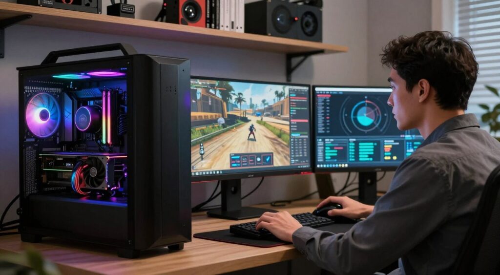A sleek, modern workspace with a high-end gaming PC setup prominently displayed in the foreground. The gaming rig features RGB lighting, a powerful graphics card visible through a transparent case, and multiple monitors showing game graphics and technical specifications for GTA 6. In the middle, a close-up of a tech-savvy individual in professional attire, studying performance metrics on the screens, exuding focus and determination. The background includes shelves filled with gaming accessories and hardware manuals. Soft, ambient lighting creates a focused atmosphere. The overall mood is dynamic and tech-oriented, evoking a sense of anticipation for the release of GTA 6.