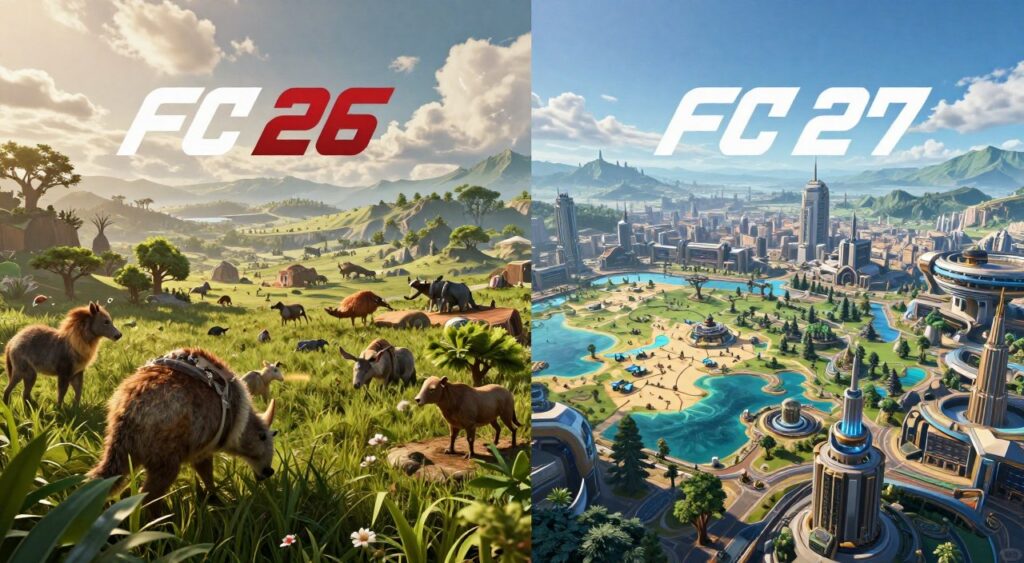 A split-screen comparison image showcasing the open world modes of FC 26 and FC 27. On the left, depict a vibrant, lush landscape from FC 26 with diverse wildlife and dynamic weather effects, capturing a lively atmosphere during golden hour lighting. On the right, illustrate a more futuristic and expansive environment from FC 27, featuring a larger map with advanced graphical details, dense urban areas, and intricate natural landscapes under clear blue skies. Use a wide-angle perspective to emphasize the scale and the differences between the two worlds. The foreground should show close-up details like foliage and buildings, while the background reveals expansive vistas. Ensure a seamless transition in the center to highlight the contrast in design and technology. The overall mood should evoke excitement and curiosity about the evolution of gameplay.
