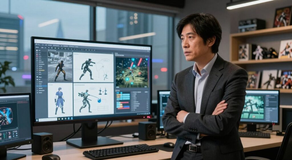 A thoughtful Yoshiaki Hirabayashi stands in a modern game development studio, immersed in his vision for the remake of Resident Evil Code Veronica. In the foreground, he is depicted in professional business attire, confidently discussing ideas with a focus on facial expressions that showcase determination and creativity. In the middle ground, a large screen displays concept art and gameplay mechanics from the remake, bathed in soft ambient lighting that enhances the creative atmosphere. The background features shelves filled with gaming memorabilia and a large window revealing a futuristic city skyline, symbolizing innovation and progress. The overall mood is inspirational, capturing a balance between nostalgia and the excitement of modern gaming advancements. The composition should reflect a dynamic, engaging space that invites viewers into the world of video game development. A thoughtful Yoshiaki Hirabayashi stands in a modern game development studio, immersed in his vision for the remake of Resident Evil Code Veronica. In the foreground, he is depicted in professional business attire, confidently discussing ideas with a focus on facial expressions that showcase determination and creativity. In the middle ground, a large screen displays concept art and gameplay mechanics from the remake, bathed in soft ambient lighting that enhances the creative atmosphere. The background features shelves filled with gaming memorabilia and a large window revealing a futuristic city skyline, symbolizing innovation and progress. The overall mood is inspirational, capturing a balance between nostalgia and the excitement of modern gaming advancements. The composition should reflect a dynamic, engaging space that invites viewers into the world of video game development.
