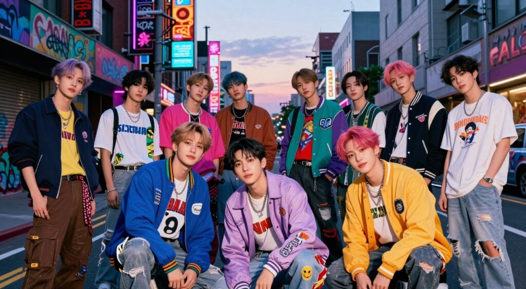 A vibrant K-Pop themed fashion image set in an urban environment. In the foreground, a diverse group of stylish young adults showcases essential K-Pop fashion elements, like bold colors, layered outfits, and unique accessories. Their clothing features striking patterns and textures, embodying a fusion of streetwear and high fashion. In the middle, a busy city street adds energy, with hints of neon lights and graffiti art that reflect the urban culture associated with K-Pop. The background features a twilight sky, casting a soft glow that enhances the vibrant colors of the outfits. The atmosphere is lively and energetic, evoking the dynamic and innovative nature of K-Pop fashion, captured with a wide-angle lens to provide depth and detail. Soft, dramatic lighting creates an inviting and youthful mood.