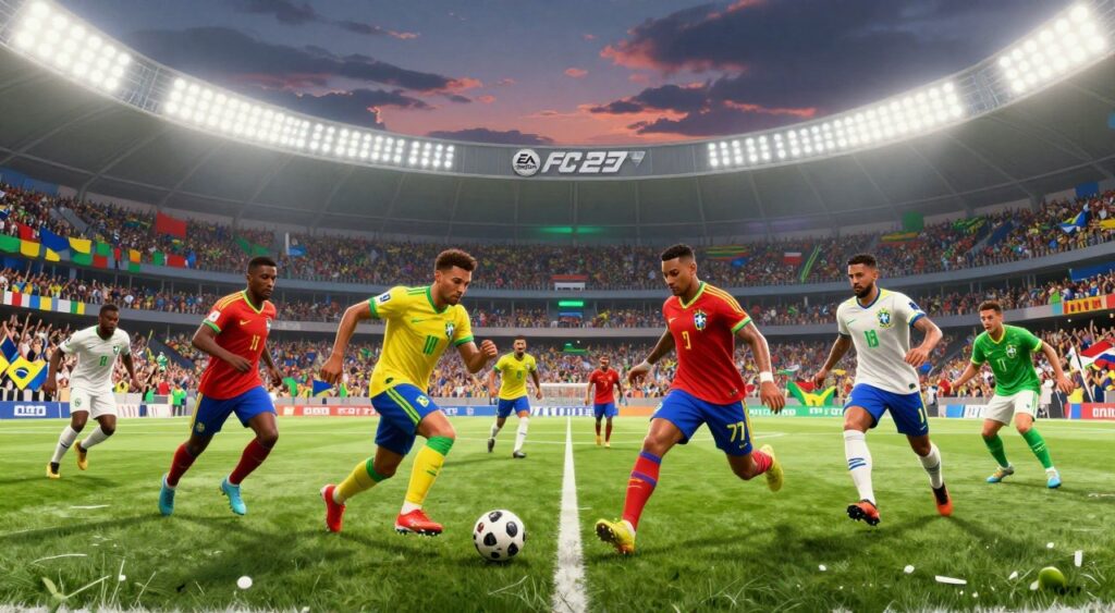 A vibrant and dynamic illustration showcasing Brazilian football clubs featured in EA FC 27. In the foreground, visualize a football pitch with players in action, demonstrating their skills in an engaging match. The players should represent diverse Brazilian teams, dressed in their official jerseys, highlighting their unique colors and logos. In the middle ground, depict a cheering crowd adorned with flags and banners of these clubs, creating an atmosphere of excitement and pride. The background should include a large stadium with bright floodlights illuminating the scene, set against a twilight sky that adds a dramatic tone. Capture the energy and passion of Brazilian football, focusing on unity and the thrill of the game. Use a wide angle to emphasize the scale of the stadium and the intensity of the match.