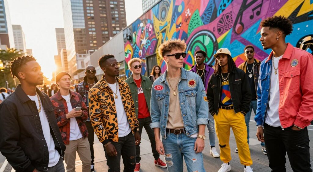 A vibrant and dynamic scene capturing the essence of global pop fashion trends. In the foreground, a diverse group of stylish young adults of various ethnicities wears modern and eclectic outfits, blending streetwear and high fashion with bold colors and patterns. The middle ground features a bustling urban backdrop with iconic city architecture and musical elements like graffiti art and colorful murals. Bright and lively lighting adds a sense of energy to the atmosphere, with the sun setting to create a warm, golden hour glow. The angle is slightly elevated, showcasing the group's interaction while emphasizing the artistry in their attire. The mood is celebratory and trendy, reflecting the spirit of international pop culture while ensuring all individuals are dressed in professional and fashionable attire.