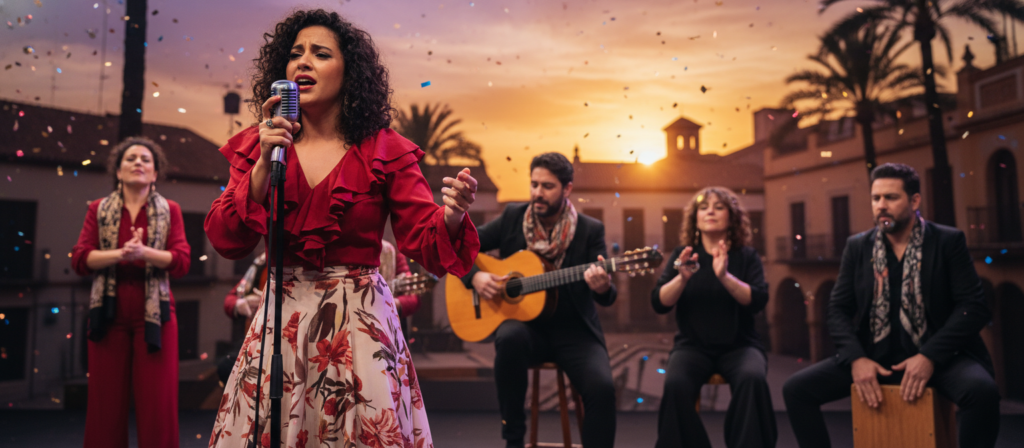 A vibrant and dynamic scene capturing the essence of pop music infused with flamenco elements. In the foreground, a female vocalist, dressed in a stylish yet modest flamenco-inspired outfit, passionately sings into a microphone, her expressive gestures conveying emotion and energy. The middle ground features a diverse band of musicians playing traditional flamenco instruments, like guitar and castanets, creating a lively atmosphere. In the background, a colorful cityscape illuminated by warm sunset lighting, with hints of Spanish architecture, enhances the cultural context. The overall mood is celebratory and energetic, reflecting the fusion of modern pop with traditional flamenco. Use a shallow depth of field to emphasize the singer, capturing the moment with a slightly angled camera view to create a sense of movement and excitement.