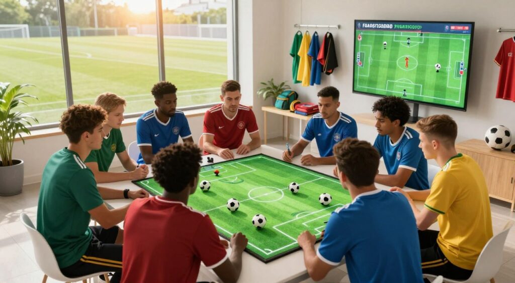 A vibrant and dynamic scene depicting a FIFA 17 game strategy session focused on midfield control and ball possession tactics. In the foreground, a diverse group of players in professional soccer uniforms gather around a digital tactical board, analyzing formations and discussing strategies. The middle ground features a bright, modern training facility filled with soccer gear and visual aids, such as diagrams illustrating key gameplay mechanics. The background showcases a large window revealing a sunlit soccer pitch, enhancing the atmosphere of professionalism and focus. Soft lighting casts a warm glow, creating a motivational and engaging mood. Use a wide-angle perspective to capture the collaborative spirit of the players as they work together towards mastering their strategies in the game.