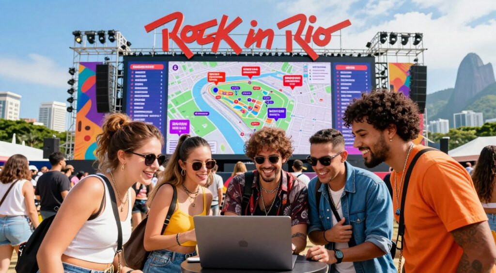 A vibrant and dynamic scene depicting a group of enthusiastic music fans strategizing on how to secure tickets for the Rock in Rio 2026 festival. In the foreground, a diverse group of four friends, dressed in casual, colorful outfits, are gathered around a laptop, intently discussing ticket options. The middle layer features a digital map of the festival site with various ticket booths marked, alongside visually appealing graphics of the festival line-up. In the background, the iconic Rio de Janeiro skyline is visible under a bright blue sky, with hints of music-related decorations like banners and guitars. The atmosphere is lively and hopeful, capturing the excitement and anticipation of planning for a legendary music event. Use natural, bright lighting to convey a cheerful mood, aiming for a wide-angle perspective to encompass the scene’s energy. A vibrant and dynamic scene depicting a group of enthusiastic music fans strategizing on how to secure tickets for the Rock in Rio 2026 festival. In the foreground, a diverse group of four friends, dressed in casual, colorful outfits, are gathered around a laptop, intently discussing ticket options. The middle layer features a digital map of the festival site with various ticket booths marked, alongside visually appealing graphics of the festival line-up. In the background, the iconic Rio de Janeiro skyline is visible under a bright blue sky, with hints of music-related decorations like banners and guitars. The atmosphere is lively and hopeful, capturing the excitement and anticipation of planning for a legendary music event. Use natural, bright lighting to convey a cheerful mood, aiming for a wide-angle perspective to encompass the scene’s energy.