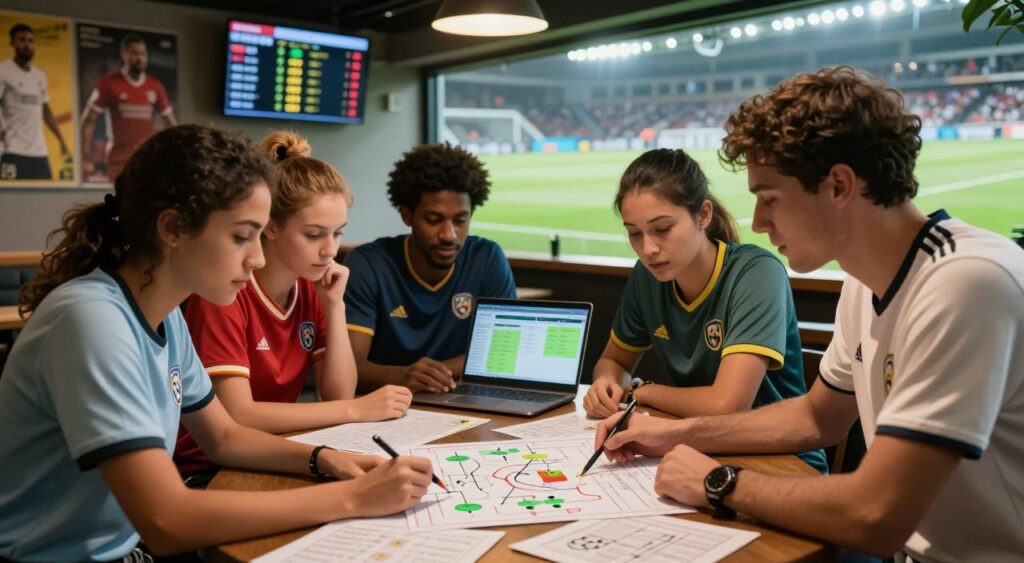 A vibrant and dynamic scene showcasing a FIFA 17 cheap team strategy. In the foreground, four diverse male and female players in modest athletic wear are intently analyzing a tactics board, emphasizing teamwork. They are surrounded by various football tactics and strategy notes, with a laptop displaying player statistics nearby. In the middle ground, a sports bar ambiance with posters of famous football players and a scoreboard highlighting match scores enhances the theme. The background features a subtle blurred image of a football pitch under bright stadium lights, creating an energetic atmosphere. The overall mood conveys determination and excitement, accentuated by warm lighting that highlights the players’ focused expressions. Capture the essence of strategy and teamwork in this FIFA 17 context, with a professional yet spirited vibe.