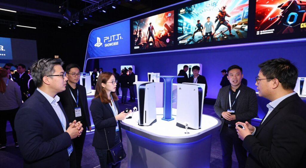 A vibrant and dynamic scene showcasing the atmosphere of the PlayStation Showcase 2026 event. In the foreground, a diverse group of professional individuals in smart casual attire discuss and examine the latest PlayStation games and hardware, their expressions full of excitement and curiosity. The middle ground features an impressive, futuristic display of PlayStation consoles and game titles, illuminated by soft blue and purple LED lights, creating a high-tech ambiance. In the background, a large screen displays breathtaking game trailers and teasers, capturing the attention of the crowd. The lighting is dramatic yet inviting, suggesting an atmosphere of anticipation and innovation. The angle is slightly elevated, allowing a panoramic view of the bustling event, highlighting the enthusiasm and collaboration among attendees. A vibrant and dynamic scene showcasing the atmosphere of the PlayStation Showcase 2026 event. In the foreground, a diverse group of professional individuals in smart casual attire discuss and examine the latest PlayStation games and hardware, their expressions full of excitement and curiosity. The middle ground features an impressive, futuristic display of PlayStation consoles and game titles, illuminated by soft blue and purple LED lights, creating a high-tech ambiance. In the background, a large screen displays breathtaking game trailers and teasers, capturing the attention of the crowd. The lighting is dramatic yet inviting, suggesting an atmosphere of anticipation and innovation. The angle is slightly elevated, allowing a panoramic view of the bustling event, highlighting the enthusiasm and collaboration among attendees.