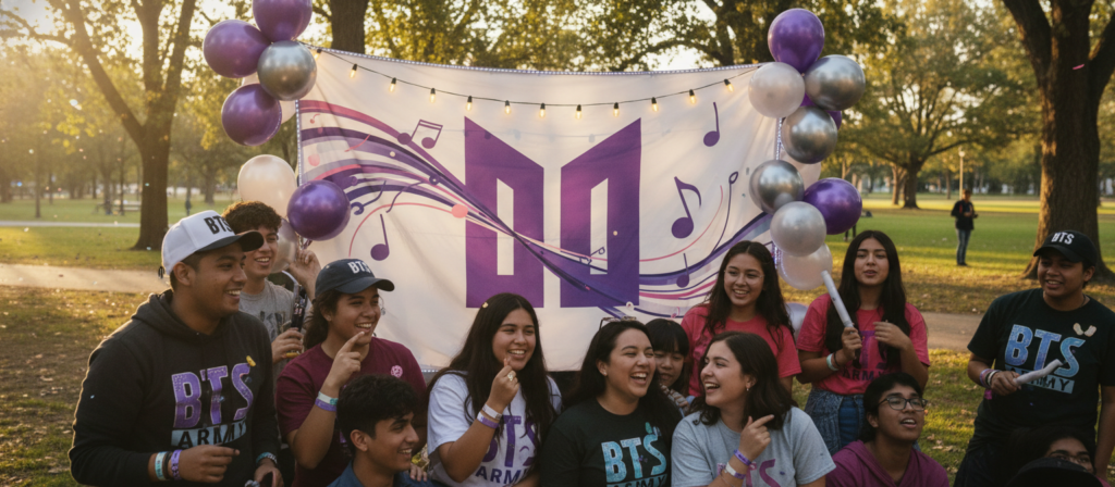 A vibrant and engaging scene depicting a diverse group of BTS fans, known as ARMY, united in celebration. In the foreground, a joyful group of fans of various ethnicities, wearing colorful BTS merchandise like t-shirts, hats, and accessories, interact with each other in enthusiastic poses. In the middle ground, a large banner displaying the BTS logo with artistic graphics, surrounded by lights and balloons, enhances the festive atmosphere. The background features a cozy park setting during golden hour, with warm, soft lighting illuminating the scene, creating a sense of warmth and camaraderie. Capture the mood of excitement and unity among the fans as they embrace their love for BTS, emphasizing connection and community without any text or distractions.