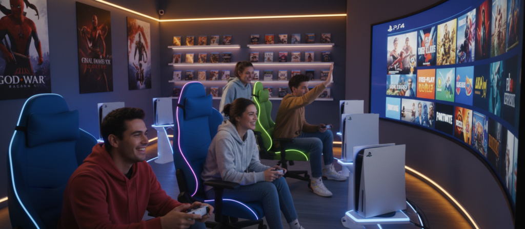 A vibrant and inviting digital game room setting filled with PlayStation 5 consoles and a large screen showcasing various free games available for PS5. In the foreground, a diverse group of young adults in casual attire are actively engaging with the games, their expressions reflecting excitement and enjoyment. The middle ground features stylish gaming chairs and colorful LED lighting that enhances the atmosphere, creating a sense of camaraderie and fun. In the background, shelves are lined with game boxes and posters of popular titles. The scene is illuminated with soft, warm lighting, emphasizing a welcoming ambiance, and the camera angle is slightly tilted to create a dynamic and immersive perspective, encouraging viewers to feel included in the gaming experience.