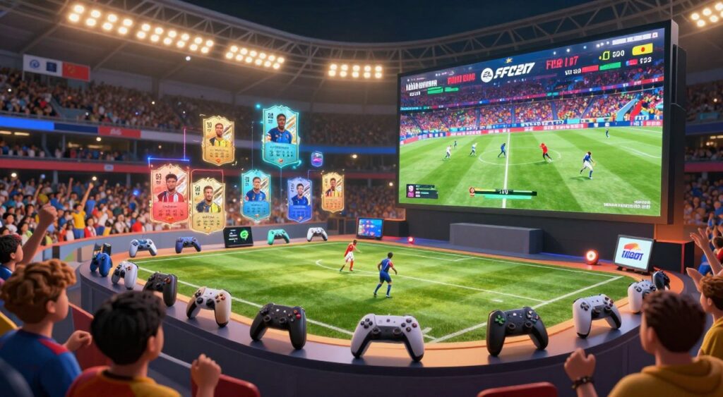 A vibrant digital art scene showcasing a dynamic football (soccer) stadium filled with excited fans in the foreground. An array of game controllers and gaming devices is arranged in a semi-circle around a large screen displaying gameplay clips of EA Sports FC 27, highlighting thrilling moments and player movements. In the middle ground, an assortment of stylized rumors and leaks, represented by floating holographic images of player cards and gameplay features. The background features a lively stadium atmosphere with banners and lights illuminating the scene, casting a warm glow. The angle is slightly tilted from above, giving an immersive perspective, enhanced by dynamic lighting that emphasizes excitement and anticipation. The overall mood is energetic and futuristic, illustrating the buzz around the upcoming release. A vibrant digital art scene showcasing a dynamic football (soccer) stadium filled with excited fans in the foreground. An array of game controllers and gaming devices is arranged in a semi-circle around a large screen displaying gameplay clips of EA Sports FC 27, highlighting thrilling moments and player movements. In the middle ground, an assortment of stylized rumors and leaks, represented by floating holographic images of player cards and gameplay features. The background features a lively stadium atmosphere with banners and lights illuminating the scene, casting a warm glow. The angle is slightly tilted from above, giving an immersive perspective, enhanced by dynamic lighting that emphasizes excitement and anticipation. The overall mood is energetic and futuristic, illustrating the buzz around the upcoming release.