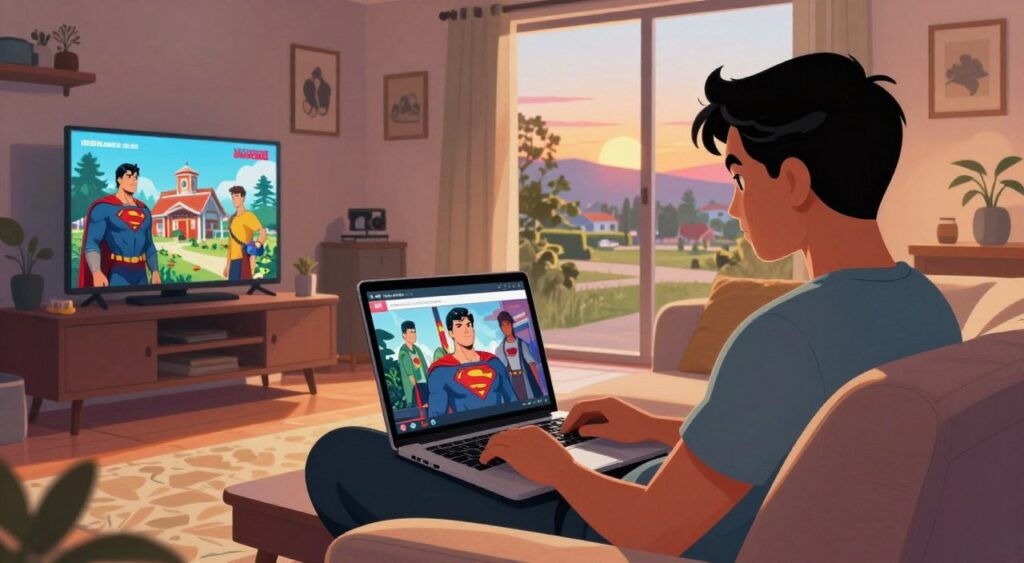 A vibrant digital illustration capturing the essence of "watching Smallville online." In the foreground, a person of Latin American descent, dressed in casual, modern attire, sits comfortably on a cozy sofa, engrossed in streaming content on a laptop. The scene conveys a warm, inviting atmosphere with soft lighting, creating a contrast against the bright screen displaying iconic Smallville elements, like the Kent farm and the Superman emblem. In the middle ground, a stylish living room is decorated with a blend of nostalgic Smallville memorabilia and contemporary art. The background features a large window revealing a picturesque suburban landscape at sunset, adding a tranquil mood to the image. The overall composition showcases a sense of connection to the beloved series while illustrating the theme of accessibility to its new animated content in Brazil. A vibrant digital illustration capturing the essence of "watching Smallville online." In the foreground, a person of Latin American descent, dressed in casual, modern attire, sits comfortably on a cozy sofa, engrossed in streaming content on a laptop. The scene conveys a warm, inviting atmosphere with soft lighting, creating a contrast against the bright screen displaying iconic Smallville elements, like the Kent farm and the Superman emblem. In the middle ground, a stylish living room is decorated with a blend of nostalgic Smallville memorabilia and contemporary art. The background features a large window revealing a picturesque suburban landscape at sunset, adding a tranquil mood to the image. The overall composition showcases a sense of connection to the beloved series while illustrating the theme of accessibility to its new animated content in Brazil.