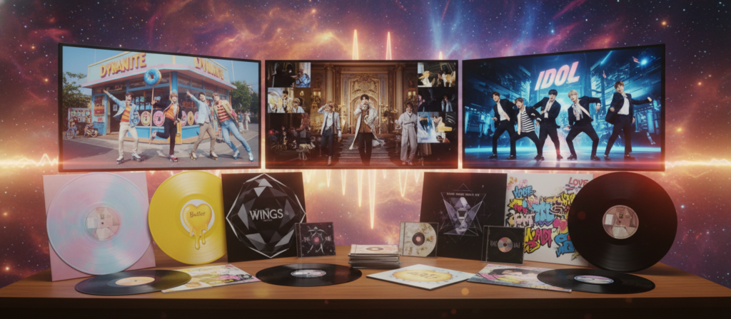 A vibrant display of BTS's discography featuring album covers from their most iconic releases. In the foreground, showcase a collection of vinyl records and CDs arranged artistically, with recognizable album artwork like "Map of the Soul: 7" and "Butter". In the middle, include a mix of colorful music video scenes, illustrating key moments from their essential MVs, such as "Dynamite" and "Blood Sweat & Tears". The background should be filled with soft, abstract shapes and light patterns that evoke the energetic yet heartfelt atmosphere of BTS's music. Use warm, dynamic lighting to create a lively mood, as if the viewer is experiencing a concert. Capture the essence of their artistry and influence in a visually engaging manner.