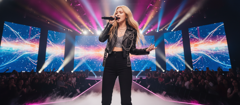 A vibrant, dynamic scene featuring Rosé from BLACKPINK in the foreground, passionately singing on a stylish modern stage. She wears a chic, fashionable outfit that embodies her unique musical style, complete with a sleek leather jacket and elegant accessories, her hair styled beautifully. In the middle ground, an enthusiastic crowd is illuminated by colorful stage lights, adding energy to the atmosphere. The background shows large LED screens displaying abstract graphics that reflect the theme of her music. The stage is set with atmospheric fog, creating a dreamy and exciting mood. The image is captured from a low angle, emphasizing the stage presence, with soft focus on the audience to highlight Rosé as the focal point. The lighting is bright and dynamic, showcasing the vibrancy of a live performance.