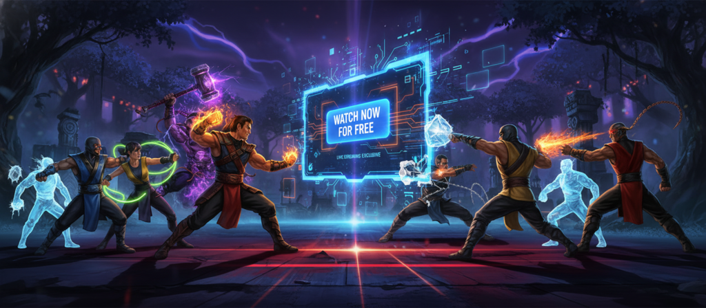 A vibrant, eye-catching digital artwork featuring a cinematic scene inspired by "Mortal Kombat II." In the foreground, showcase iconic characters from the game in a dramatic fight pose, dressed in colorful, detailed costumes that emphasize their unique powers. In the middle ground, include a stylized, dynamic streaming interface showcasing a "Watch Now for Free" button, surrounded by digital elements like glowing lines and circuit patterns to evoke a high-tech atmosphere. The background should depict an immersive virtual arena reminiscent of the game's settings, with atmospheric lighting that casts dramatic shadows, creating an intense and exciting mood. The color scheme should blend dark, rich tones with vibrant accents, highlighting the thrilling nature of online streaming options. Use a wide-angle perspective to enhance the epic feel of the scene. A vibrant, eye-catching digital artwork featuring a cinematic scene inspired by "Mortal Kombat II." In the foreground, showcase iconic characters from the game in a dramatic fight pose, dressed in colorful, detailed costumes that emphasize their unique powers. In the middle ground, include a stylized, dynamic streaming interface showcasing a "Watch Now for Free" button, surrounded by digital elements like glowing lines and circuit patterns to evoke a high-tech atmosphere. The background should depict an immersive virtual arena reminiscent of the game's settings, with atmospheric lighting that casts dramatic shadows, creating an intense and exciting mood. The color scheme should blend dark, rich tones with vibrant accents, highlighting the thrilling nature of online streaming options. Use a wide-angle perspective to enhance the epic feel of the scene.