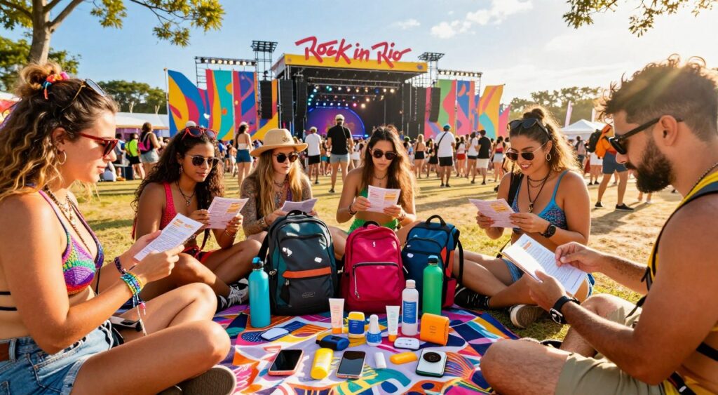A vibrant festival scene showcasing a diverse group of attendees at Rock in Rio 2026, focused on preparation and survival tips. In the foreground, people dressed in colorful yet comfortable festival attire are gathered, sharing tips and insights from their portable guides. The middle layer features various festival essentials, such as backpacks, reusable water bottles, sunblock, and portable phone chargers, displayed on a picnic blanket. In the background, the iconic festival stage is set against a bright blue sky, with colorful banners and energetic crowds, radiating excitement and anticipation. The lighting is warm and inviting, suggesting a late afternoon ambiance, with sun rays filtering through trees. The mood is lively, celebrating community and preparation for an unforgettable festival experience. A vibrant festival scene showcasing a diverse group of attendees at Rock in Rio 2026, focused on preparation and survival tips. In the foreground, people dressed in colorful yet comfortable festival attire are gathered, sharing tips and insights from their portable guides. The middle layer features various festival essentials, such as backpacks, reusable water bottles, sunblock, and portable phone chargers, displayed on a picnic blanket. In the background, the iconic festival stage is set against a bright blue sky, with colorful banners and energetic crowds, radiating excitement and anticipation. The lighting is warm and inviting, suggesting a late afternoon ambiance, with sun rays filtering through trees. The mood is lively, celebrating community and preparation for an unforgettable festival experience.