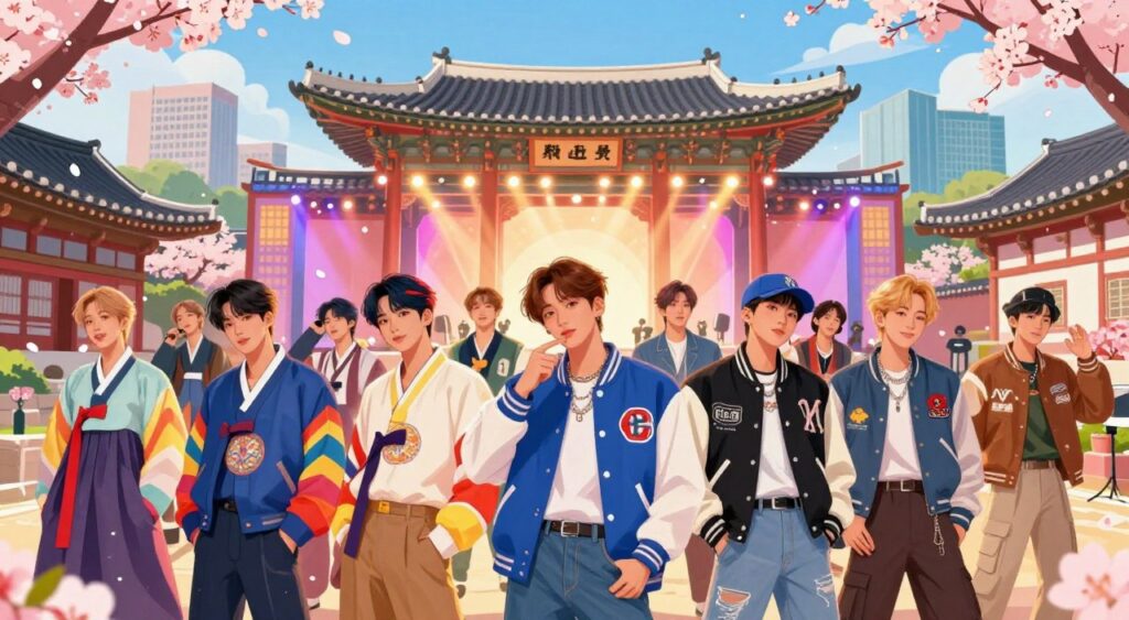 A vibrant illustration capturing the origins and evolution of K-Pop fashion. In the foreground, a group of diverse K-Pop idols, wearing stylish, colorful outfits that blend traditional Korean elements with modern streetwear; their expressions are confident and engaging. The middle layer features a dynamic stage with energetic lighting, highlighting the idols' performances. In the background, iconic landmarks of Seoul symbolizing cultural heritage and modernity merge seamlessly, with cherry blossoms gently fluttering in the breeze. The scene is lit with warm, inviting hues, creating an atmosphere of excitement and creativity. Use a wide-angle lens to enhance depth and perspective, emphasizing the connection between the idols and their cultural roots.