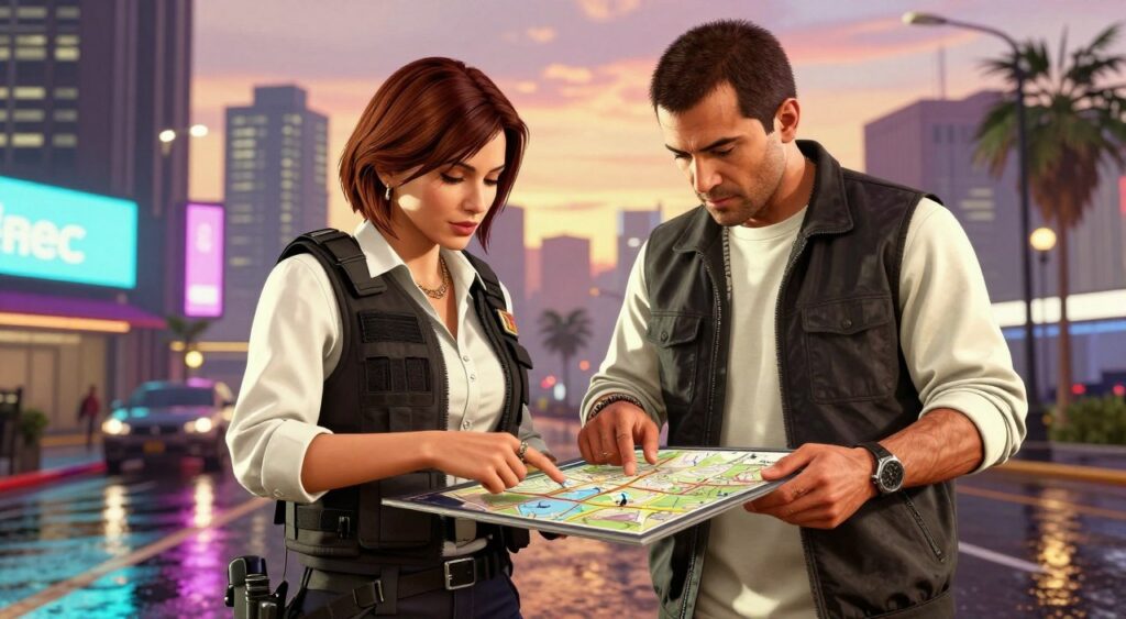 A vibrant scene featuring two distinct characters from the Grand Theft Auto universe, engaged in a cooperative mission. In the foreground, character one, a confident woman in professional attire with a tactical vest, and character two, a focused man dressed in casual but stylish clothing, exchange plans over a sleek digital map. The middle ground showcases an urban environment with neon lights reflecting off rain-soaked streets, hinting at a bustling city nightlife. The background features skyscrapers and a sunset sky, casting warm hues. The atmosphere is intense yet collaborative, symbolizing teamwork and coordinated efforts in a high-stakes setting. Use a dynamic lens angle to highlight their expressions of determination and strategy, with soft but dramatic lighting to accentuate the scene's mood.
