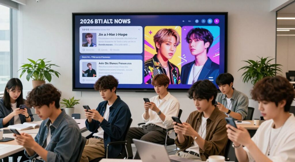 A vibrant scene set in a modern, stylish office environment showcasing a digital news board filled with energetic updates about Jin and J-Hope from BTS in 2026. In the foreground, a diverse group of enthusiastic fans, dressed in trendy, casual attire, is engaged with their smartphones, eagerly scrolling and discussing the latest news. In the middle ground, a large screen displays artistic visuals of Jin and J-Hope, emphasizing their new projects post-military service, featuring bright colors and dynamic graphics. The background includes elements like potted plants and minimalist furniture that convey a contemporary vibe. Soft, natural light streams through large windows, creating an inviting atmosphere. The mood is filled with excitement and anticipation as fans celebrate the return of their favorite artists. A vibrant scene set in a modern, stylish office environment showcasing a digital news board filled with energetic updates about Jin and J-Hope from BTS in 2026. In the foreground, a diverse group of enthusiastic fans, dressed in trendy, casual attire, is engaged with their smartphones, eagerly scrolling and discussing the latest news. In the middle ground, a large screen displays artistic visuals of Jin and J-Hope, emphasizing their new projects post-military service, featuring bright colors and dynamic graphics. The background includes elements like potted plants and minimalist furniture that convey a contemporary vibe. Soft, natural light streams through large windows, creating an inviting atmosphere. The mood is filled with excitement and anticipation as fans celebrate the return of their favorite artists.