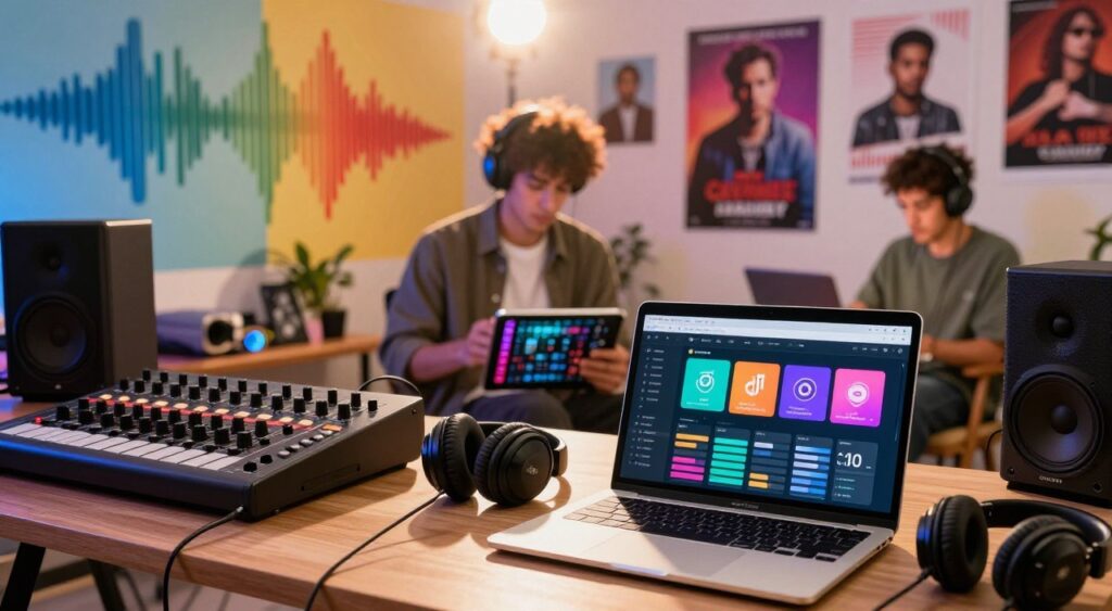 A vibrant workspace filled with modern tools for discovering new sounds. In the foreground, an array of sleek digital audio workstations and trendy music apps displayed on a stylish laptop, accompanied by headphones and sound mixers. In the middle ground, a musician engaged with a tablet, illustrating the exploration of diverse music styles, dressed in smart casual attire. The background showcases a colorful wall with abstract sound wave patterns and posters of global pop icons, enhancing the creative atmosphere. Soft, warm lighting illuminates the scene from above, creating an inviting and inspiring mood, while a lens flare subtly adds depth. Overall, the image exudes a sense of innovation and excitement in the music discovery process.