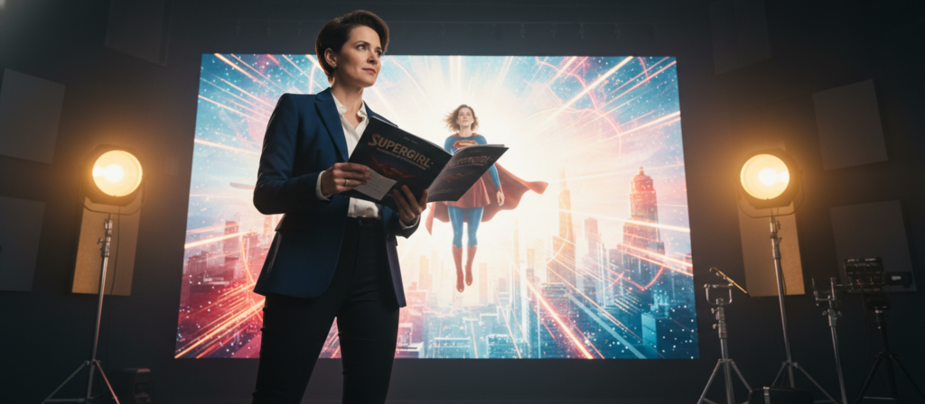A visionary female director, inspired by the essence of Supergirl, stands confidently in a modern film studio. She is in her late 30s, with short, stylish hair, dressed in a smart, professional outfit—perhaps a tailored blazer and sleek trousers. In the foreground, she holds a script with a determined look, emanating creativity and passion. The middle layer reveals a large screen displaying concept art of the 2026 Supergirl film, with bright colors and dynamic imagery. In the background, film lights cast a warm, inviting glow, creating an atmosphere of innovation and excitement. The angle is slightly low, emphasizing the director's authority and the cinematic energy of the space. A visionary female director, inspired by the essence of Supergirl, stands confidently in a modern film studio. She is in her late 30s, with short, stylish hair, dressed in a smart, professional outfit—perhaps a tailored blazer and sleek trousers. In the foreground, she holds a script with a determined look, emanating creativity and passion. The middle layer reveals a large screen displaying concept art of the 2026 Supergirl film, with bright colors and dynamic imagery. In the background, film lights cast a warm, inviting glow, creating an atmosphere of innovation and excitement. The angle is slightly low, emphasizing the director's authority and the cinematic energy of the space.