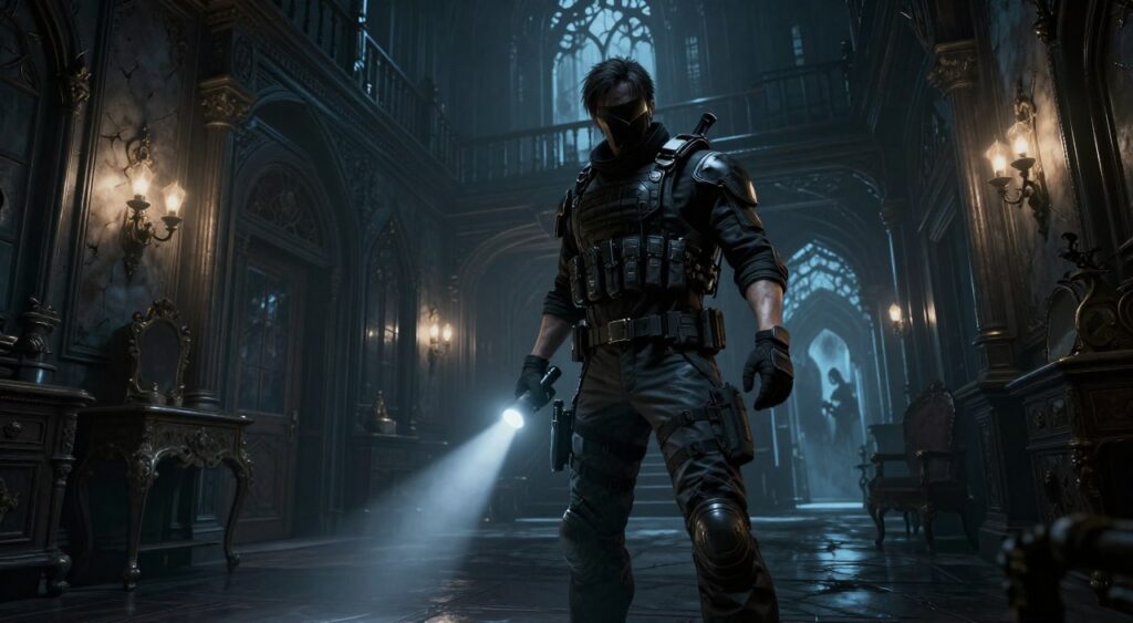 A visually striking scene inspired by the "Resident Evil Code Veronica" remake, showcasing a modernized, dark and eerie environment reminiscent of a gothic mansion. In the foreground, a realistic, armored character in professional tactical gear stands alert, holding a flashlight that casts dramatic shadows. The middle layer features intricate details of the mansion interior, with cracked walls, ornate antique furniture, and flickering lights, enhancing the tension. In the background, ghostly, dimly-lit corridors stretch into the abyss, hinting at lurking dangers. The lighting is moody and atmospheric, creating a sense of suspense. A low-angle shot emphasizes the character's readiness, while the overall color palette includes deep blues and muted grays, evoking fear and anticipation in a thrilling survival horror context. A visually striking scene inspired by the "Resident Evil Code Veronica" remake, showcasing a modernized, dark and eerie environment reminiscent of a gothic mansion. In the foreground, a realistic, armored character in professional tactical gear stands alert, holding a flashlight that casts dramatic shadows. The middle layer features intricate details of the mansion interior, with cracked walls, ornate antique furniture, and flickering lights, enhancing the tension. In the background, ghostly, dimly-lit corridors stretch into the abyss, hinting at lurking dangers. The lighting is moody and atmospheric, creating a sense of suspense. A low-angle shot emphasizes the character's readiness, while the overall color palette includes deep blues and muted grays, evoking fear and anticipation in a thrilling survival horror context.