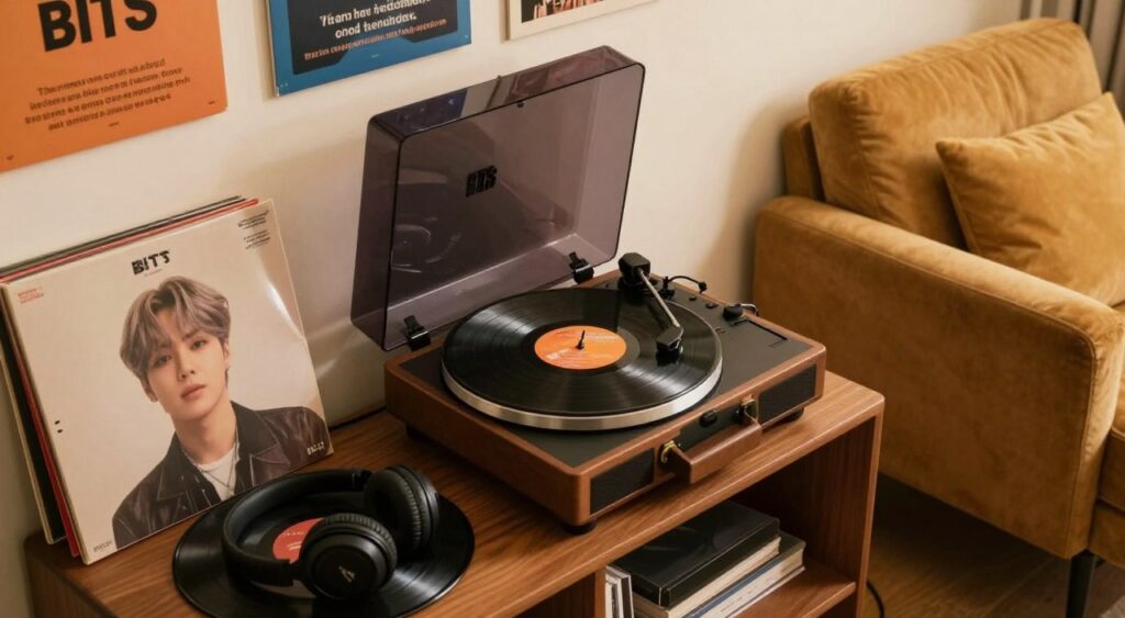 A cozy, inviting scene set in a warmly lit room, showcasing a stylish record player on a wooden table, surrounded by vibrant vinyl records, some of which are distinctly labeled with BTS album covers. A pair of headphones rests nearby, suggesting relaxation and enjoyment. In the background, colorful wall art featuring inspiring and motivational BTS quotes complements the atmosphere, while a plush armchair awaits a listener. Soft ambient lighting creates a nostalgic mood, highlighting the beauty of music exploration. The camera angle is slightly overhead, giving a sense of intimacy and inviting the viewer into the space, making it look like a perfect listening nook for any BTS fan eager to dive into their discography.