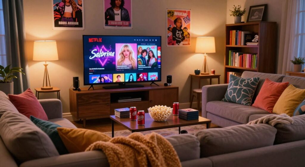 A cozy living room scene designed for a teen binge-watching experience. In the foreground, a plush sofa with colorful throw pillows, surrounded by blankets. A large flat-screen TV displays a vibrant Netflix interface featuring Sabrina Carpenter's shows. In the middle, a coffee table scattered with popcorn, soda cans, and stacks of DVDs. Background elements include warm lighting from table lamps, quirky posters of teen series on the walls, and a bookshelf filled with colorful books and memorabilia. The atmosphere is inviting and relaxed, capturing the excitement of a movie marathon night with friends. Soft, ambient lighting enhances the cozy feel, suggesting a late evening setting.
