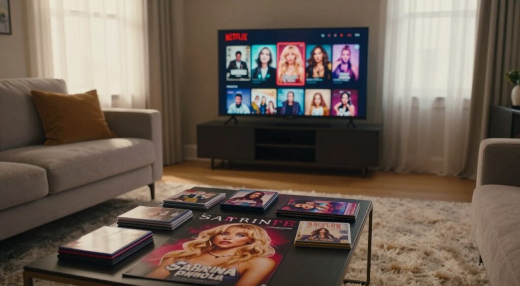 A cozy living room setting featuring a stylish modern couch and a plush rug. In the foreground, a coffee table is scattered with DVD covers and promotional posters of Sabrina Carpenter's films, showcasing their vibrant artwork. The middle ground includes a large TV screen displaying a Netflix interface, with a selection of Sabrina Carpenter’s films highlighted. Soft, warm lighting fills the room, creating an inviting atmosphere, while a window in the background allows natural light to filter through sheer curtains, illuminating the space gently. The overall mood is relaxed and cinematic, perfect for a movie night.