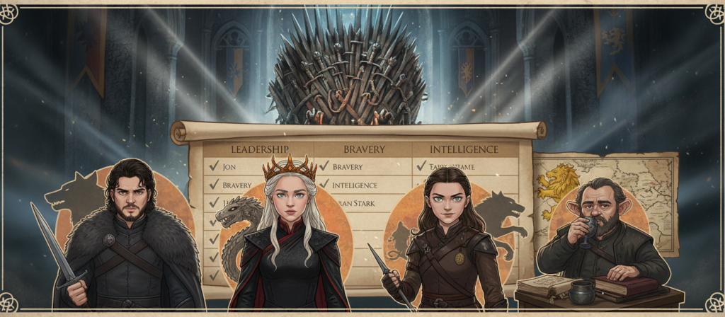 A detailed and vibrant illustration depicting a comparative table of the top characters from Game of Thrones. In the foreground, feature stylized character icons representing key figures such as Jon Snow, Daenerys Targaryen, Arya Stark, and Tyrion Lannister, each presented in a visually distinct manner showing their unique traits and attributes. The middle layer includes a neatly organized chart layout with clear categories like leadership, bravery, and intelligence. In the background, a subtle hint of the Iron Throne environment, with a blend of medieval elements, creating an epic feel. Use atmospheric, cinematic lighting to enhance the mood, accentuating character details and adding depth, as if viewed through a wide-angle lens. The overall atmosphere should be engaging and informative, suitable for a sophisticated audience. A detailed and vibrant illustration depicting a comparative table of the top characters from Game of Thrones. In the foreground, feature stylized character icons representing key figures such as Jon Snow, Daenerys Targaryen, Arya Stark, and Tyrion Lannister, each presented in a visually distinct manner showing their unique traits and attributes. The middle layer includes a neatly organized chart layout with clear categories like leadership, bravery, and intelligence. In the background, a subtle hint of the Iron Throne environment, with a blend of medieval elements, creating an epic feel. Use atmospheric, cinematic lighting to enhance the mood, accentuating character details and adding depth, as if viewed through a wide-angle lens. The overall atmosphere should be engaging and informative, suitable for a sophisticated audience.