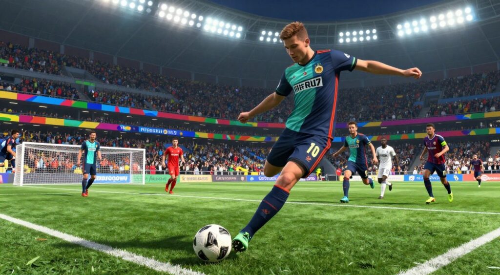 A dynamic and detailed illustration depicting a soccer player executing various dribbling moves from FIFA 17, set in a vibrant stadium environment. In the foreground, a skillful player is performing a dazzling step-over, showcasing agility and technique, dressed in a modern soccer kit with dynamic colors. In the middle ground, other players are engaged in dribbling and defending, enhancing the action-packed scene. The background features cheering fans, colorful banners, and goalposts under bright stadium lights, casting dramatic shadows. The atmosphere is energetic and competitive, reflecting the excitement of a live match. Use a wide-angle lens to capture the depth of the scene, emphasizing the player’s movement and the overall soccer culture.
