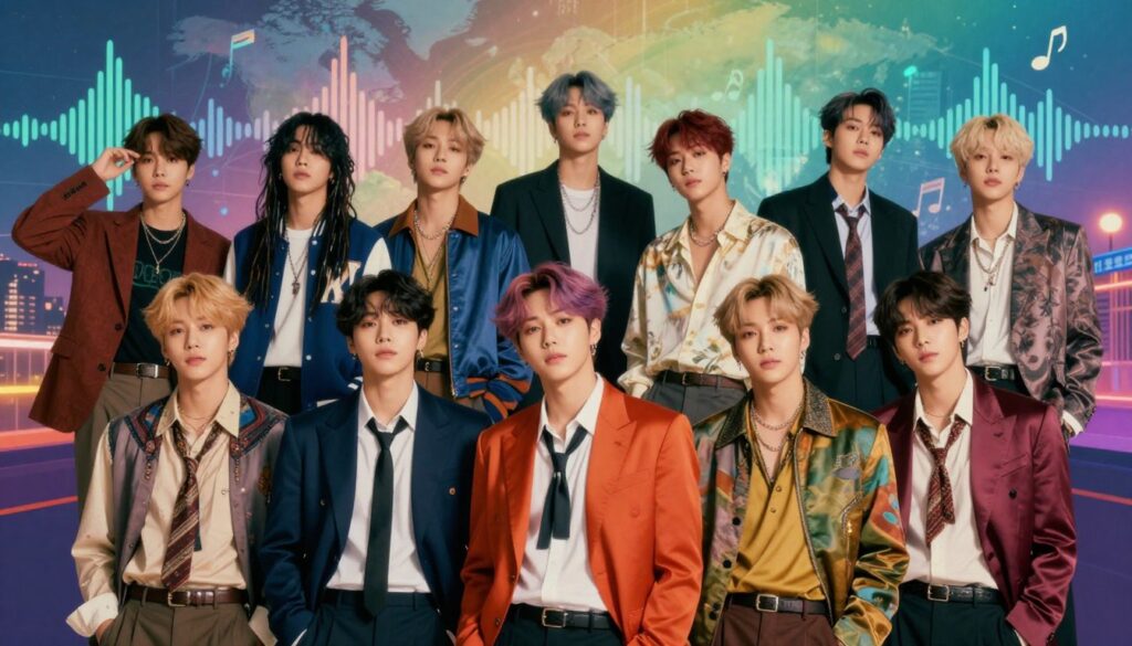 A dynamic collage representing the stylistic evolution of BTS from 2013 to 2026, featuring the band members in a variety of fashion styles that reflect their musical journey. In the foreground, five figures dressed in a blend of elegant formal and trendy casual outfits, showcasing colorful fabrics and unique accessories, stand confidently. The middle section includes various outfits symbolizing different eras of their career – from streetwear to high fashion, set against a vibrant, abstract backdrop of sound wave patterns, musical notes, and cityscapes to symbolize their global impact. Soft, ambient lighting highlights the textures of the clothing, with a shallow depth of field drawing focus to their expressive poses. The overall mood is energetic and artistic, reflecting the harmony between their music and visual identity. Discografia do BTS