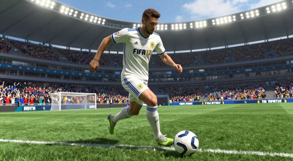 A dynamic scene depicting a skilled soccer player on the virtual pitch of FIFA 17, executing intricate dribbling moves. In the foreground, the player, dressed in a modern football kit, showcases a focused expression as he deftly maneuvers the ball with precision at his feet. The middle ground features a vibrant stadium with cheering fans, while the background has goal posts and artificial floodlights casting a bright, adventurous atmosphere. The lighting captures the excitement of match day, with shadows subtly enhancing the player's movements. The composition is shot from a low angle to emphasize the athlete's agility and command of the field, evoking a sense of energy and mastery in the art of dribbling.