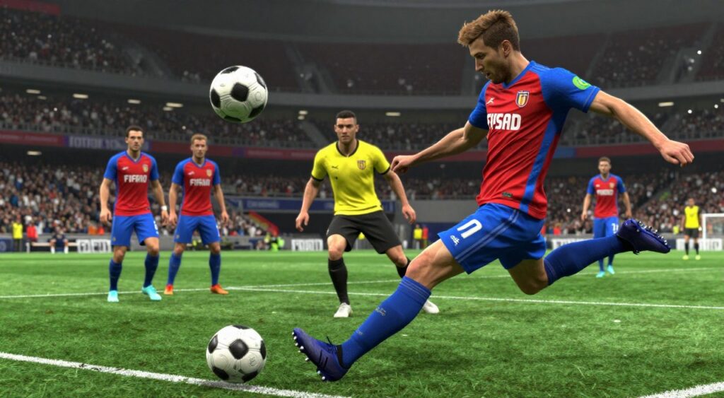 A dynamic scene showcasing effective crossing strategies in FIFA 17, featuring a professional soccer player skillfully executing a precise cross from the wing. The foreground highlights the athlete in motion, wearing a detailed, vibrant team kit, with a focused expression and a well-defined posture. In the middle, an attentive striker positions himself ready to receive the ball, while defenders are portrayed in the background, attempting to intercept, creating a sense of urgency. The background captures a stadium filled with fans, under bright floodlights that enhance the atmosphere and highlight the vibrant colors of the game. The angle is slightly low, emphasizing the action and energy of the moment. The overall mood conveys excitement and tension typical of a high-stakes soccer match. A dynamic scene showcasing effective crossing strategies in FIFA 17, featuring a professional soccer player skillfully executing a precise cross from the wing. The foreground highlights the athlete in motion, wearing a detailed, vibrant team kit, with a focused expression and a well-defined posture. In the middle, an attentive striker positions himself ready to receive the ball, while defenders are portrayed in the background, attempting to intercept, creating a sense of urgency. The background captures a stadium filled with fans, under bright floodlights that enhance the atmosphere and highlight the vibrant colors of the game. The angle is slightly low, emphasizing the action and energy of the moment. The overall mood conveys excitement and tension typical of a high-stakes soccer match.